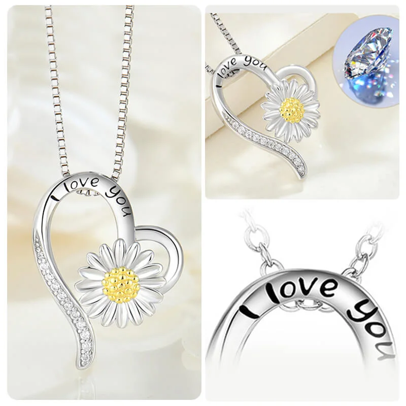 MeWaii® Sterling Silver Necklace Heart Shape & Sunflower Pendant Silver Necklace I Love You Jewelry S925 Sterling Silver Clavicle Chain