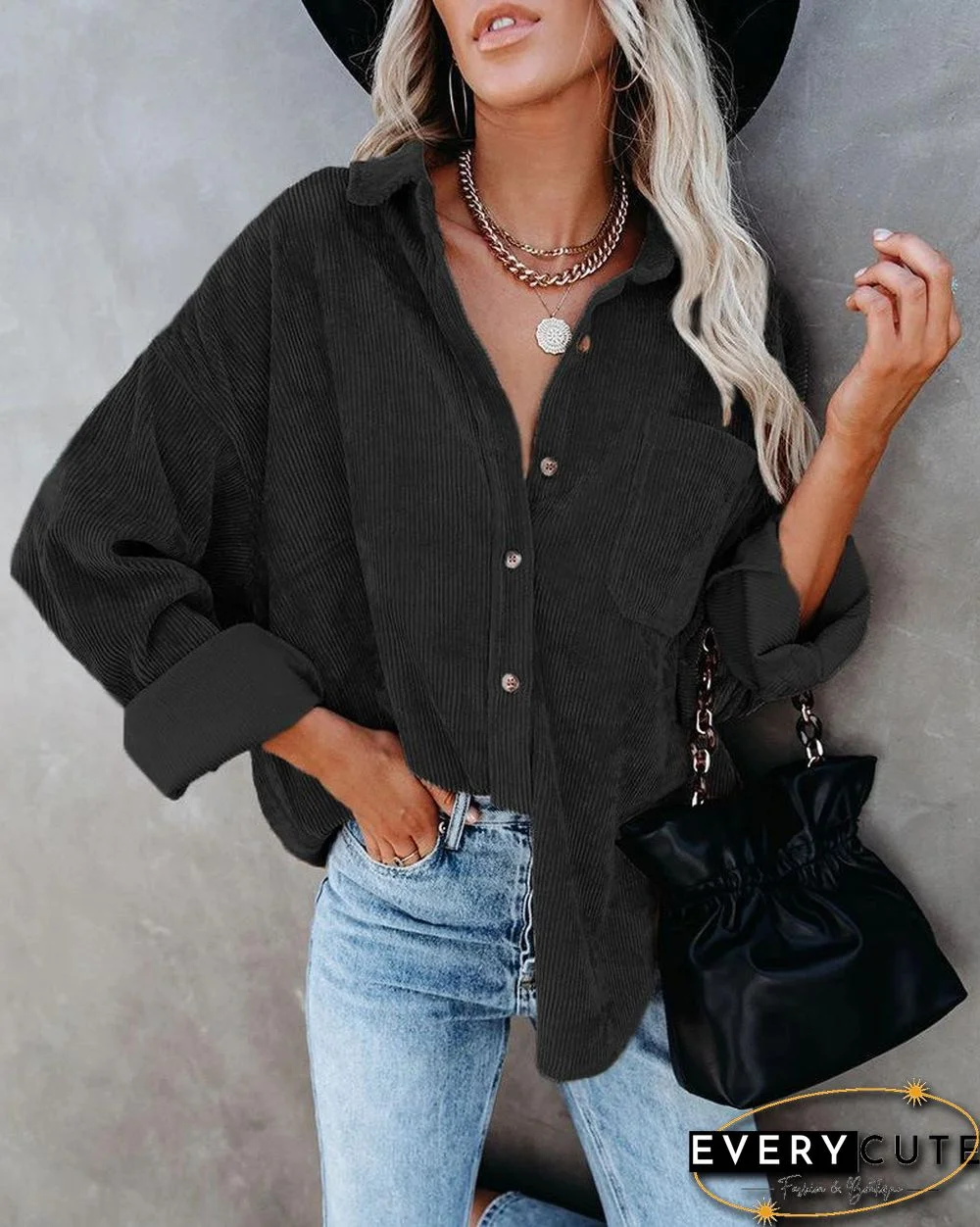 Lapel Loose Plain Long Sleeve Shirt Coat