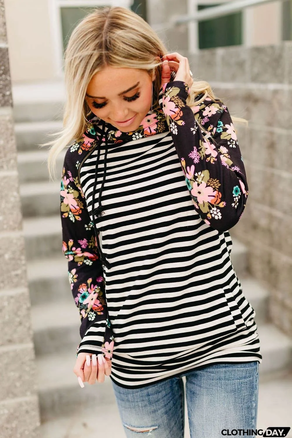 Striped Floral Print Long Sleeve Zipper Hoodie