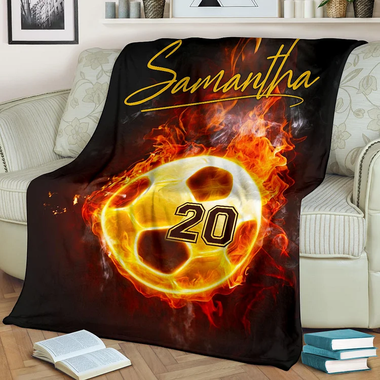 Personalized Soccer Blanket, Soccer Black Fireballs Sherpa Fleece Blanket | BKKid541