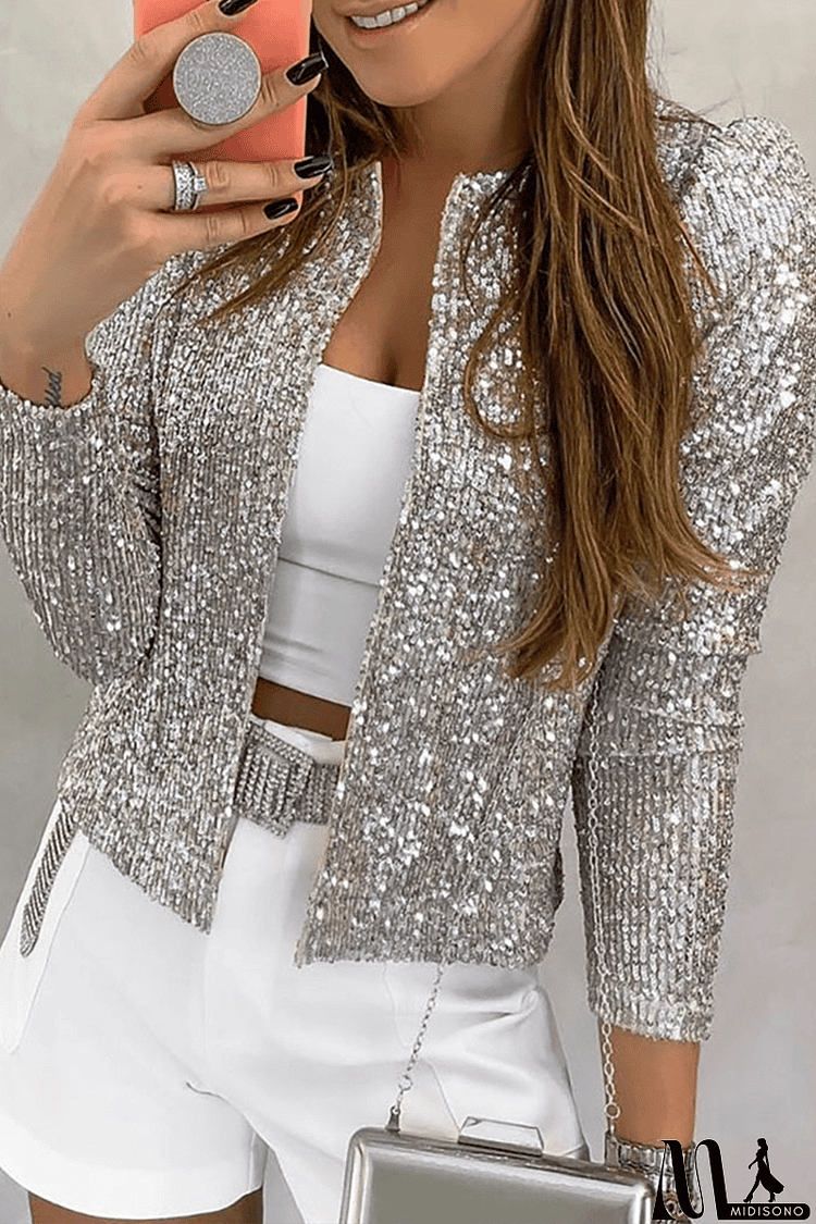 Fashion Solid Sequins Patchwork O Neck Outerwear(6 Colors)