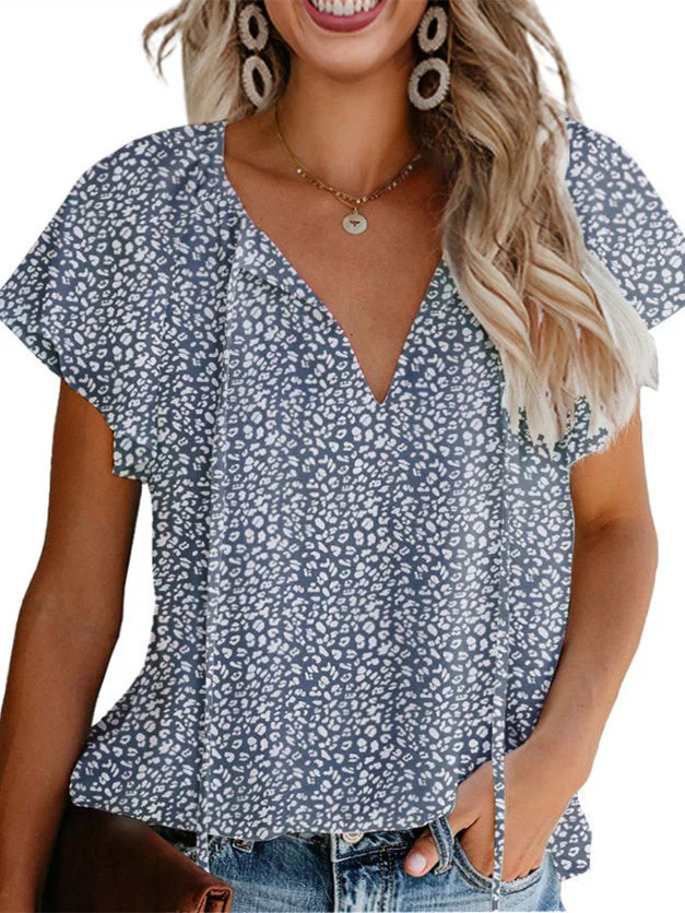 Mini Blue and White Print Flutter Sleeve Tie-Front Top