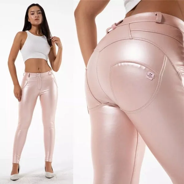 Pornhint Faux Leather Skinny Slim Fit Pants Workout Leggings Metallic Pink Leather