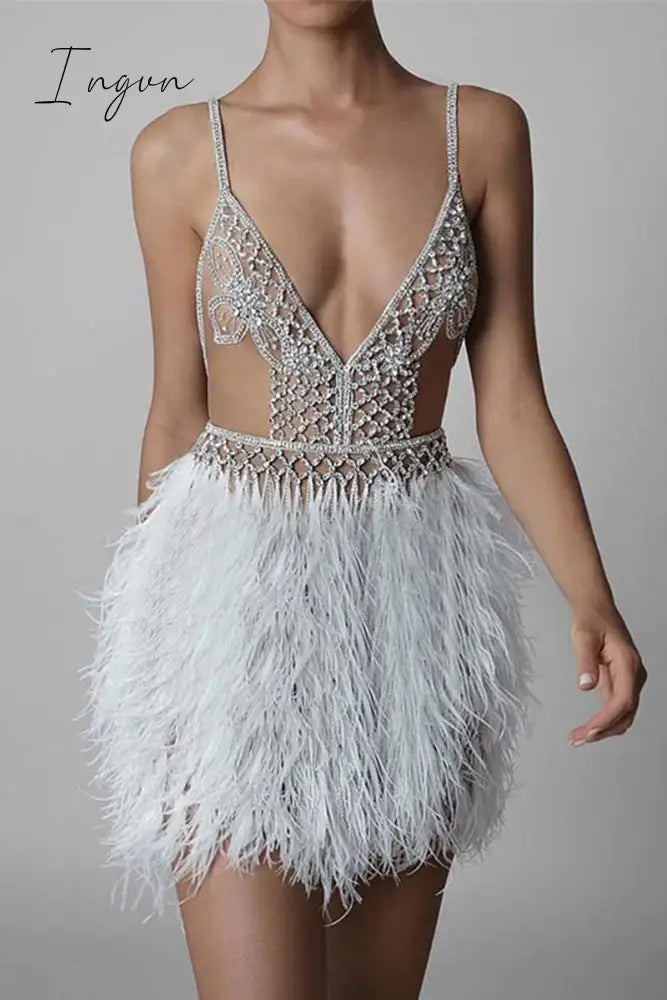 Ingvn - Sexy Party Hollowed Out Feathers V Neck Evening Dress Dresses White / S Dresses/Party