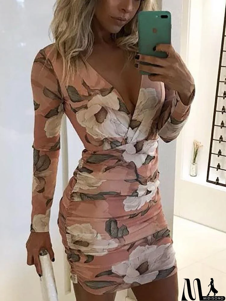 MidiSono - Long Sleeve V-Neck Womens Print Dress