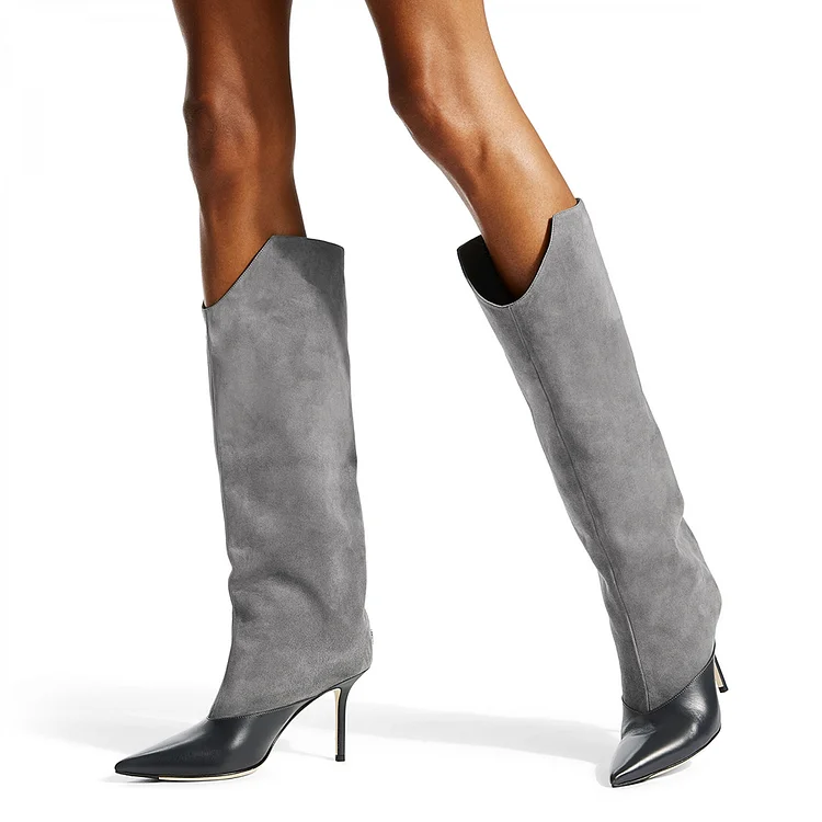 Grey Vegan Suede Pointed Toe Wide Calf Knee High Heeled Boots |FSJ Shoes