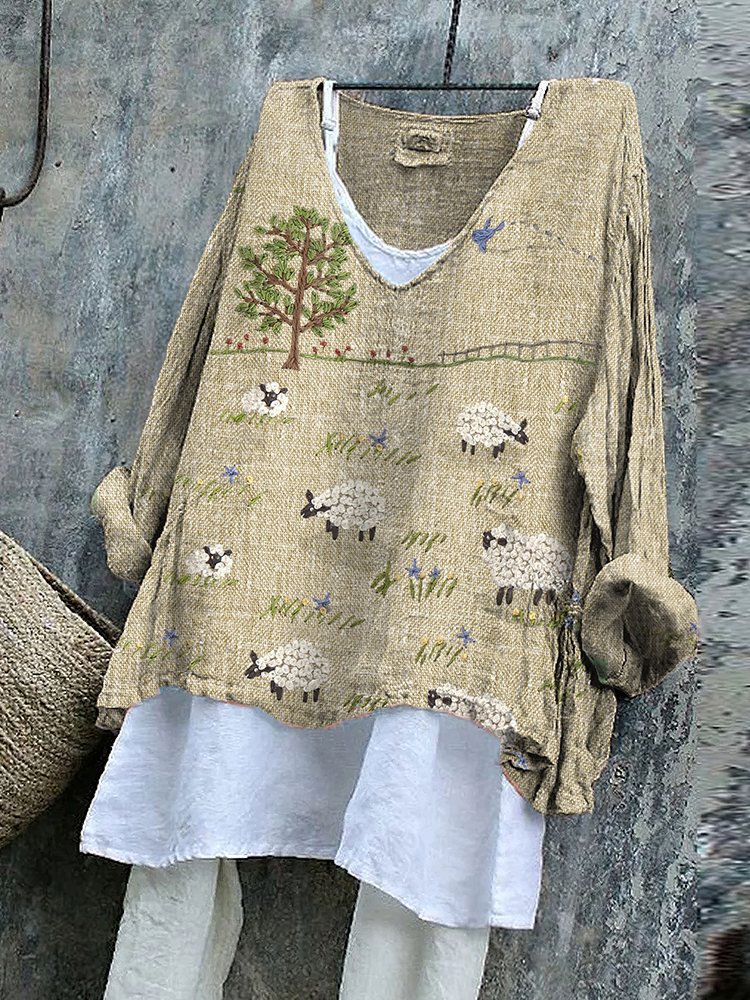 Comstylish Vintage Sheep Farm Landscape Cozy Linen Blend Flowy Tunic