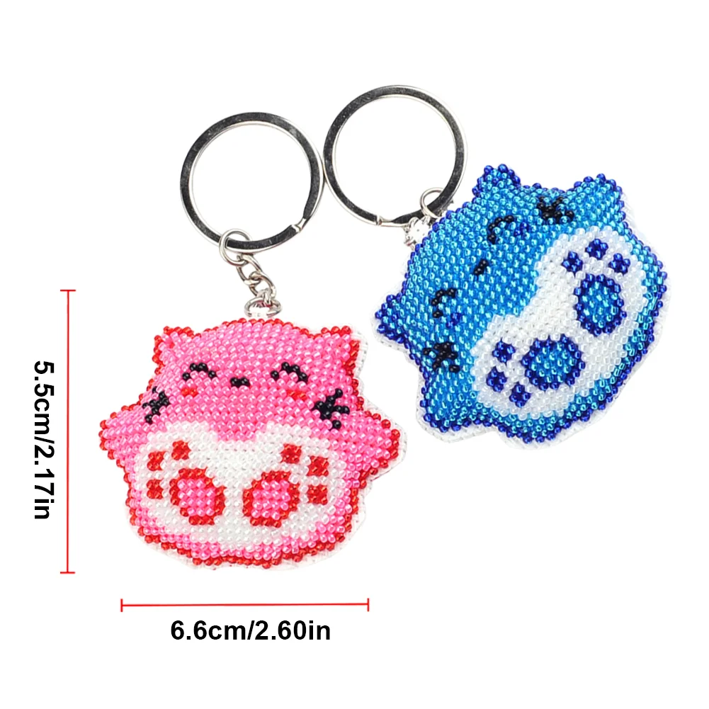2Pcs Pink Blue Cat - Stamped Bead Embroidery - Keychain