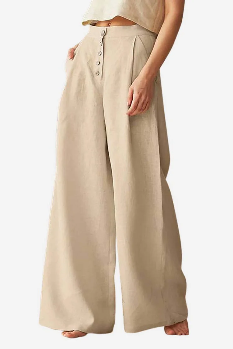 High Waist Button Pocket Wide Leg Linen Pants