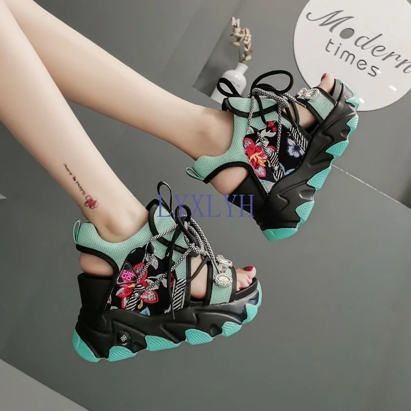 Wedges Platform Sandals Women 2020 Summer Breathable Rhinestones High Heels Ladies Shoes Height Increasing 8.5cm Women Sandals