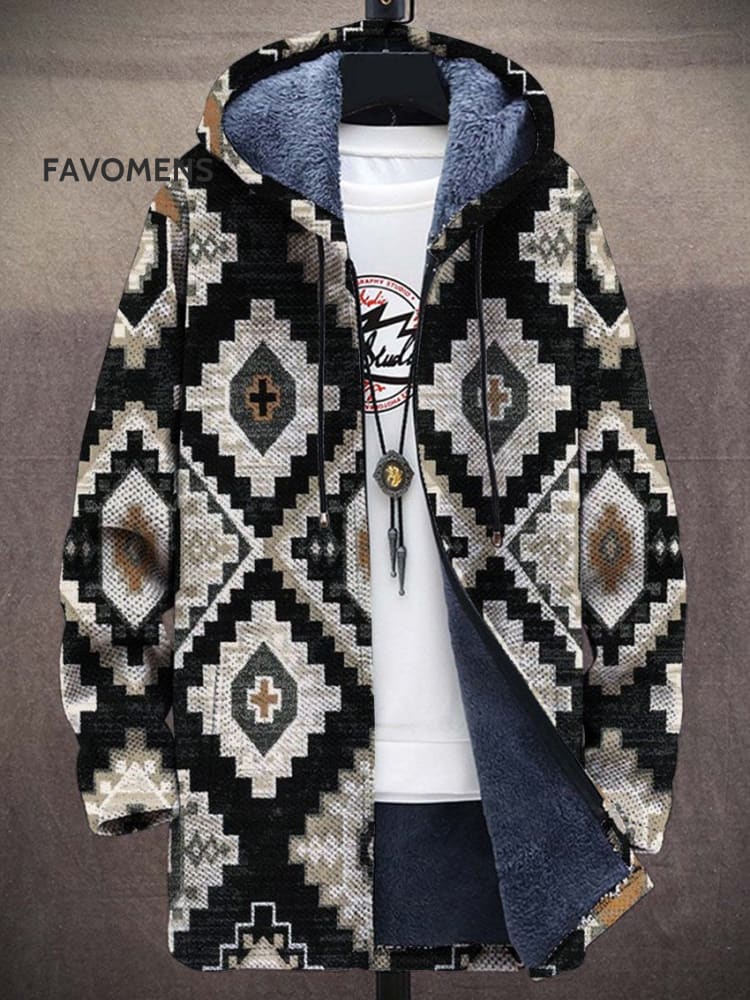 Unisex Plush Thick Vintage Pattern Print Art Long-Sleeved Sweater Coat Cardigan Multicolor / S