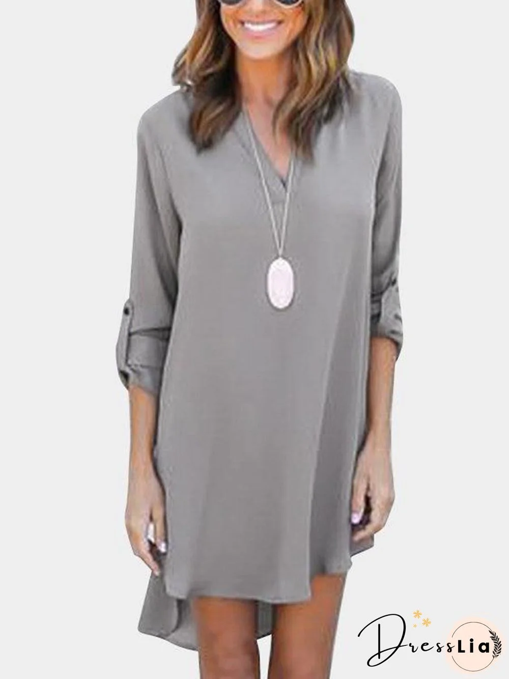 Grey V-Neck Long Sleeves Irregular Hem Chiffon Dress