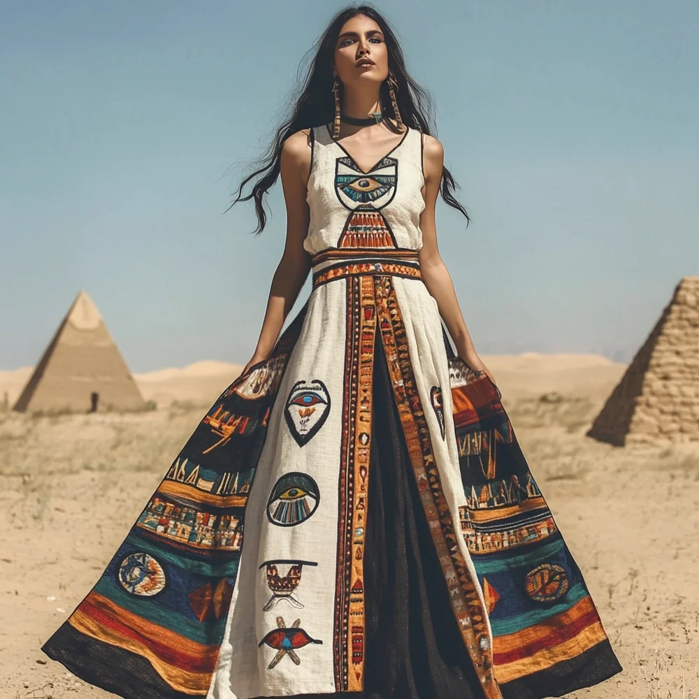 Egyptian Embroidery Women's Vest Maxi Dress