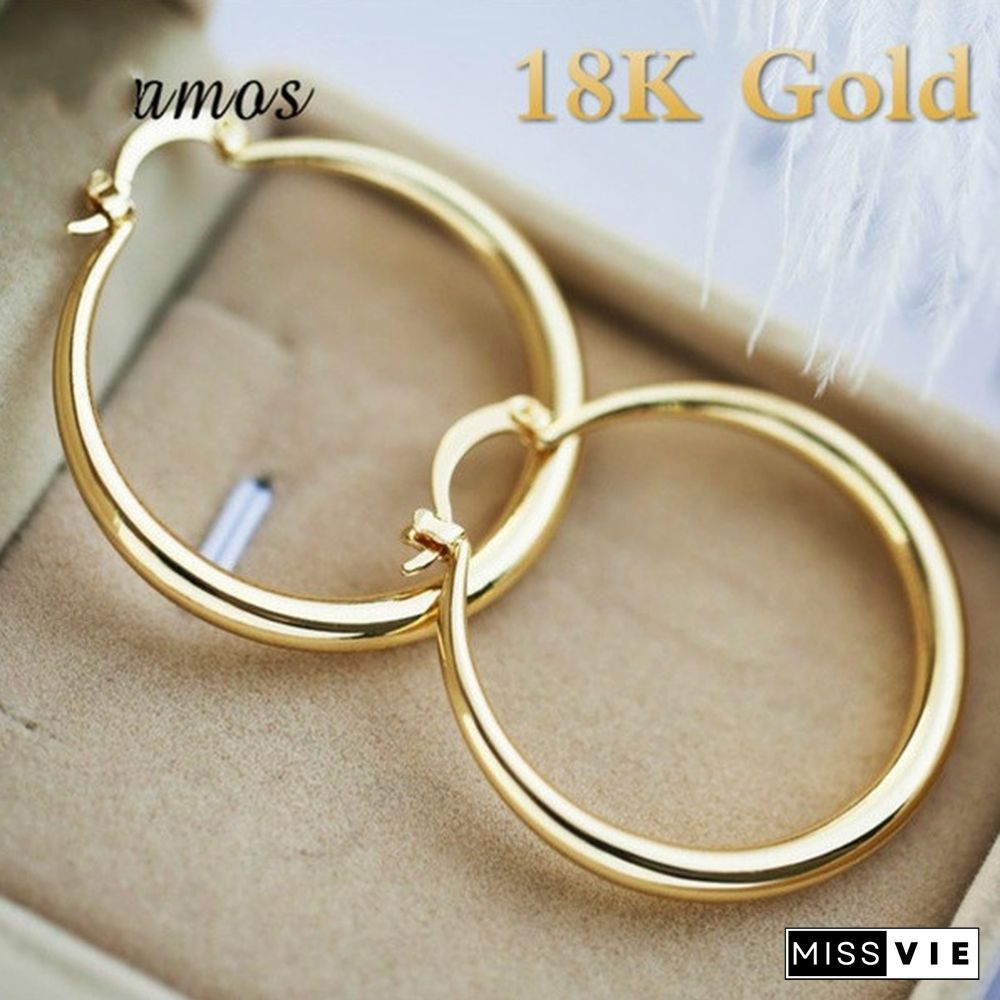 1 Pair Women's Fashion Simple 18K Yellow Soild Gold Hoop Earrings Exquisite Diameter 33mm Circle Hoop Earrings for Wedding Engagement Christmas Jewelry Gifts