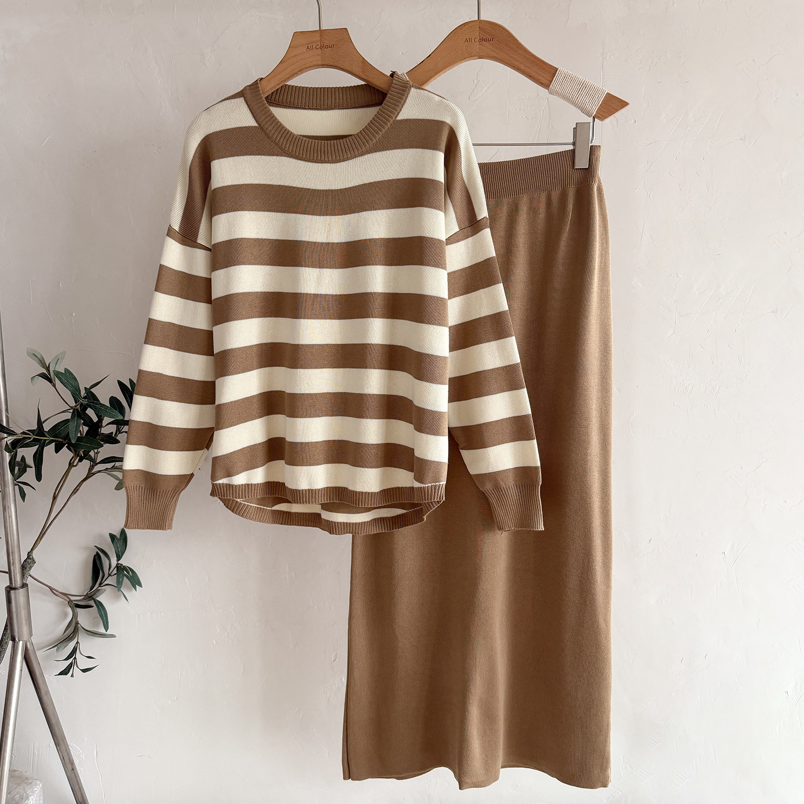 Women's Striped Sweater & Cream Midi Skirt Two Piece Set | IFYHOME