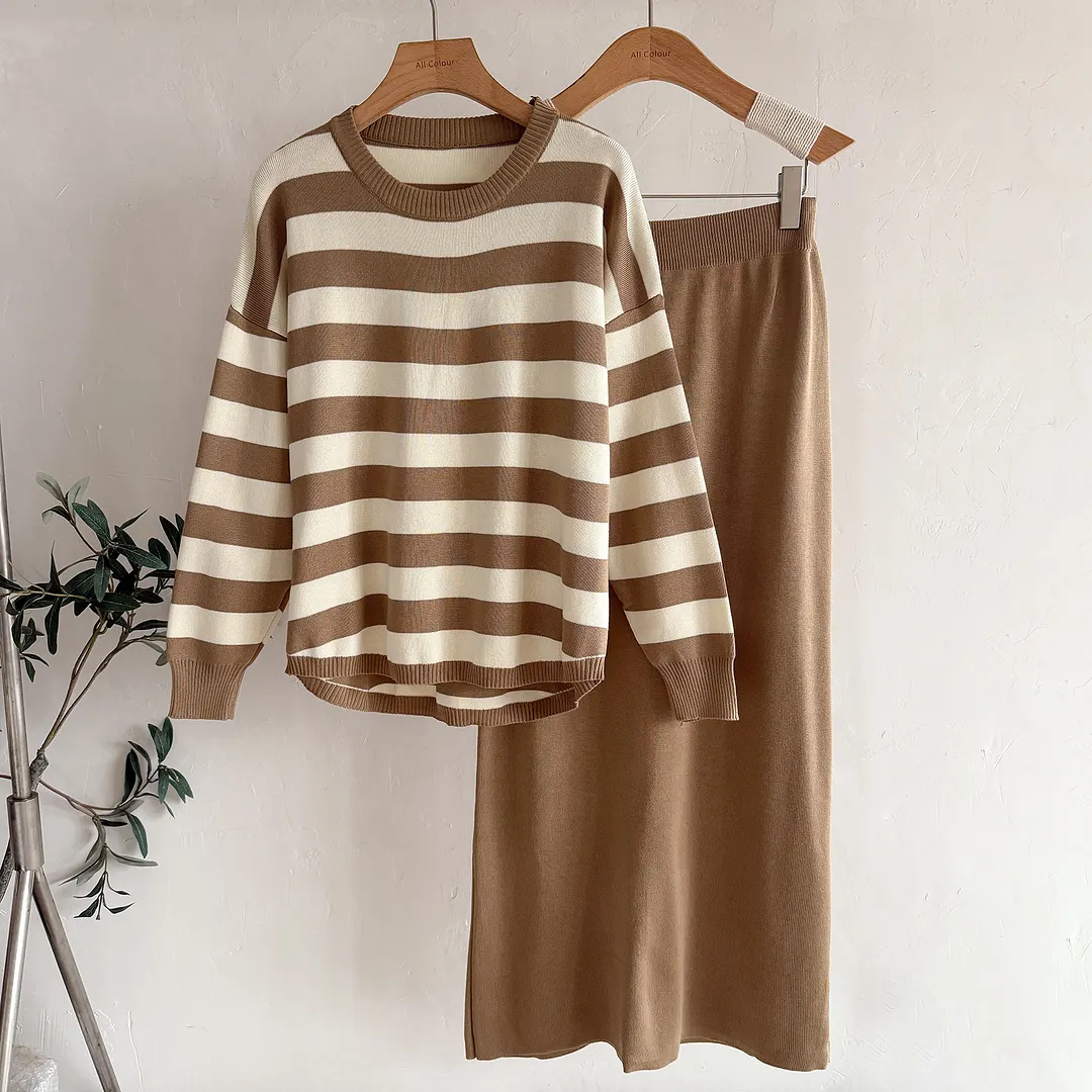 Women's Striped Sweater & Cream Midi Skirt Two Piece Set | IFYHOME