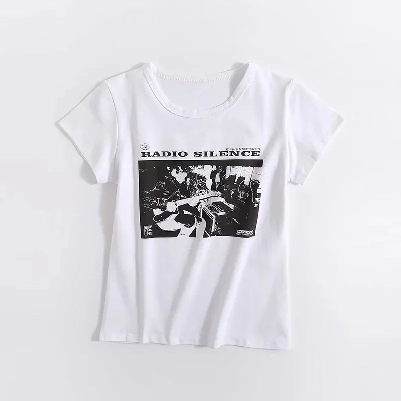 Aiertu Women "Radio Silence" Print Front Short Sleeve T-shirt Crop Top Aiertu