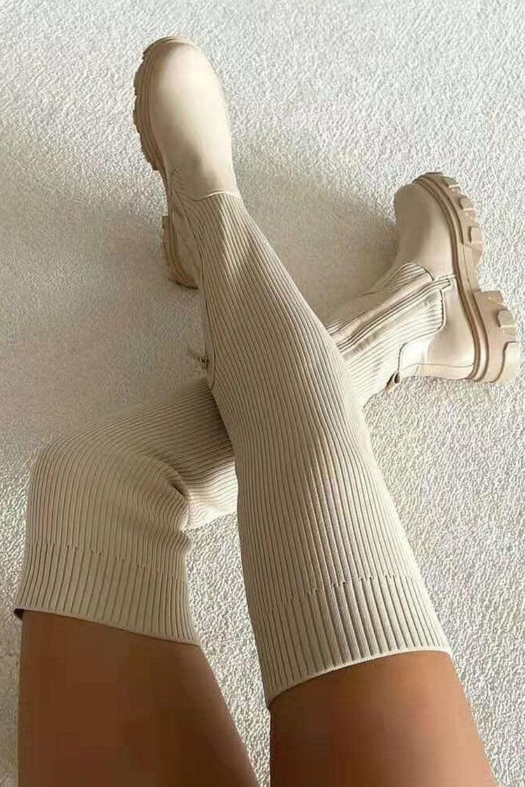 Platform Heels Round Head Leather Knit Stitching Over-the-knee Female Boots
