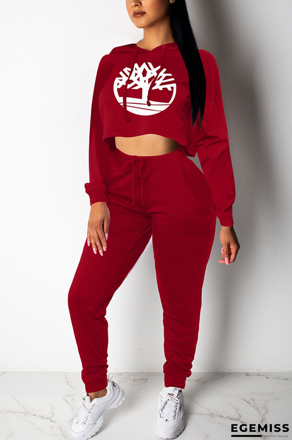 Wine Red Casual Sports Crop Loose Sweater Print Two Piece Suit | EGEMISS