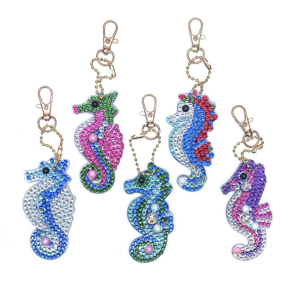 5pcs DIY Full Drill Special Shaped Diamond Painting Seahorse Keychain Craft