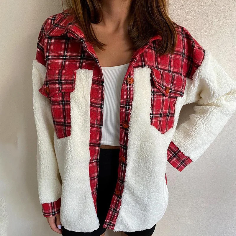   Christmas Plaid Stitching Imitation Lamb Velvet Women's Warm Jacket - Neojana