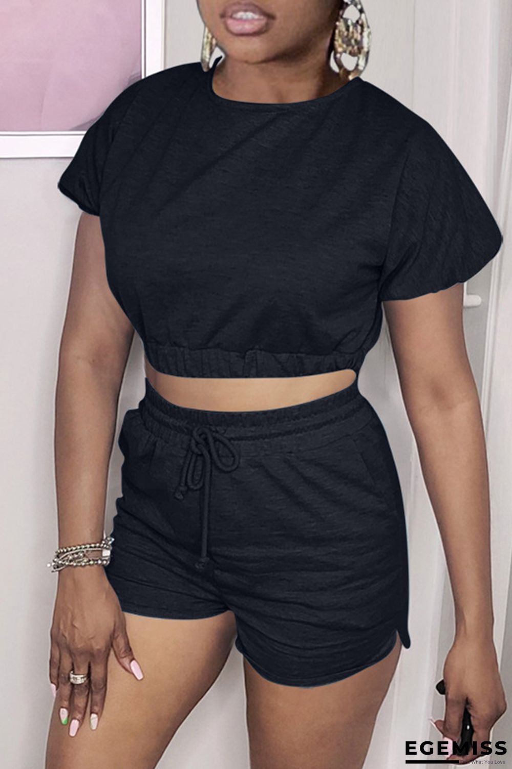 Black Fashion Casual Solid Bandage Backless O Neck Short Sleeve Two Pieces | EGEMISS