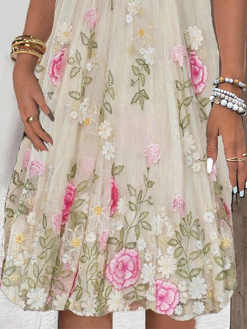 Women's Short Sleeve V-neck Floral Printed Lace Stitching Midi Dress