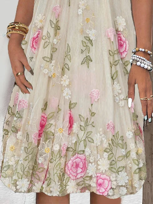 Women's Short Sleeve V-neck Floral Printed Lace Stitching Midi Dress