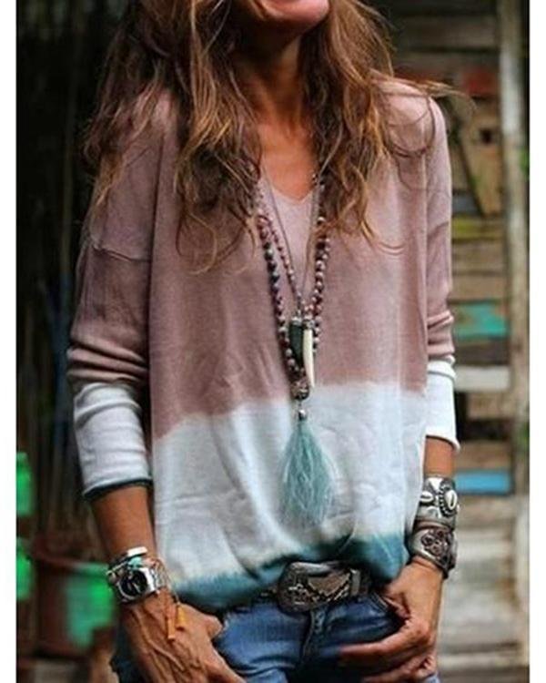 Women V Neck Long Sleeve Print Casual Blouses