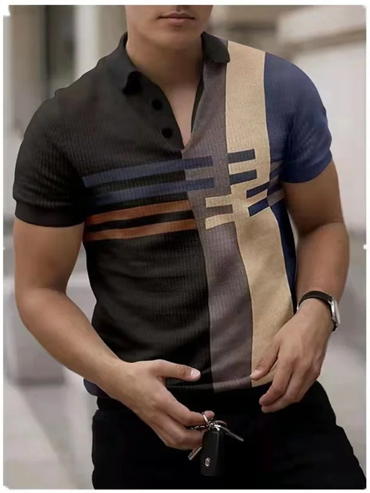 Summer New Men's Polo Shirt Casual Personality Retro Stripes 3d Print Buckle Short-sleeved S-3XL-Cosfine