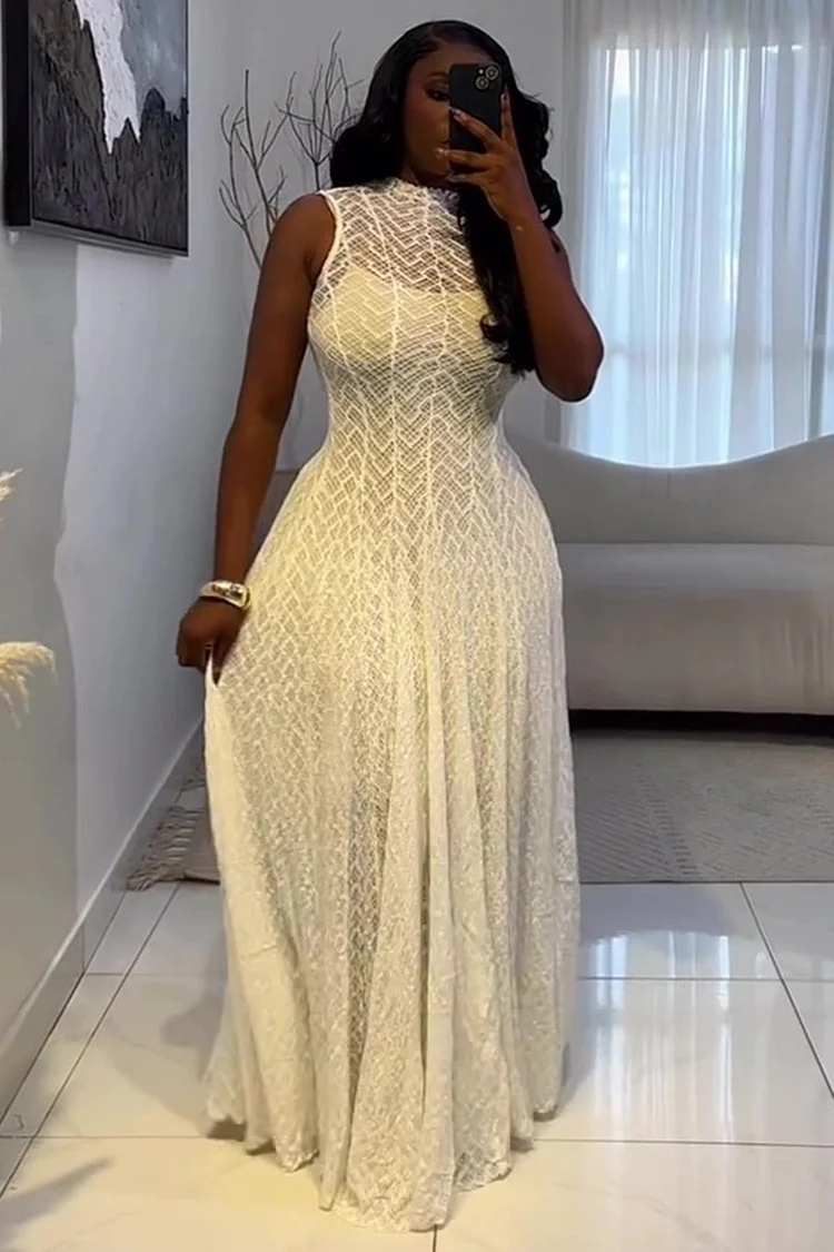 Lace Layered Illusion Neck Sleeveless Party Maxi Dresses-White [Pre Order]