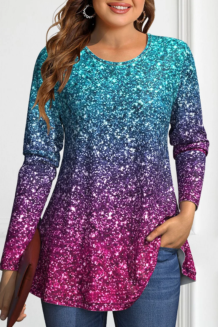 Flycurvy Plus Size Casual Multicolor Ombre Sparkly Sequin Print Long Sleeve T-Shirt  Flycurvy [product_label]
