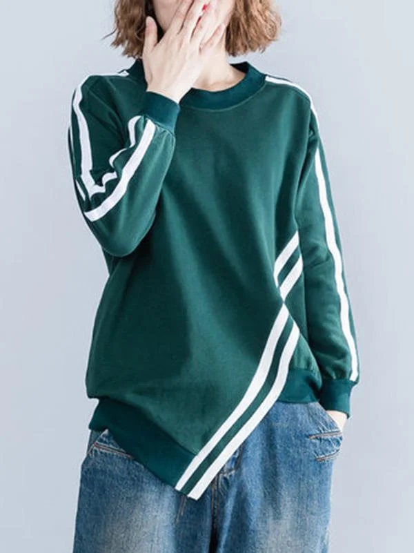 Loose Stripes Cropped Round Neck Sweatshirt