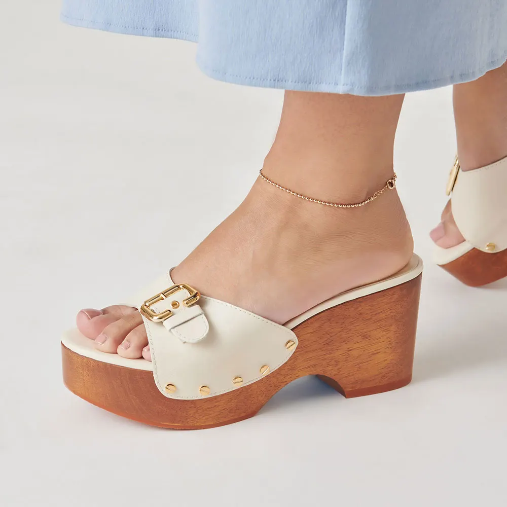 White Open Round Toe Studded Platform Mules Sandals with Buckle