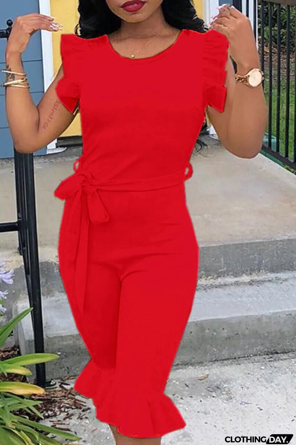 Red Casual Solid Flounce O Neck Regular Jumpsuits