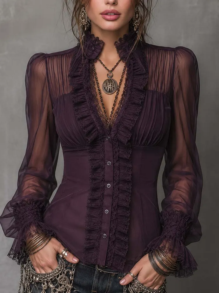 Gothic Stand V Neck Button Front Lace Trim Flare Cuff Long Sleeve Sheer Chiffon Fitted Blouse