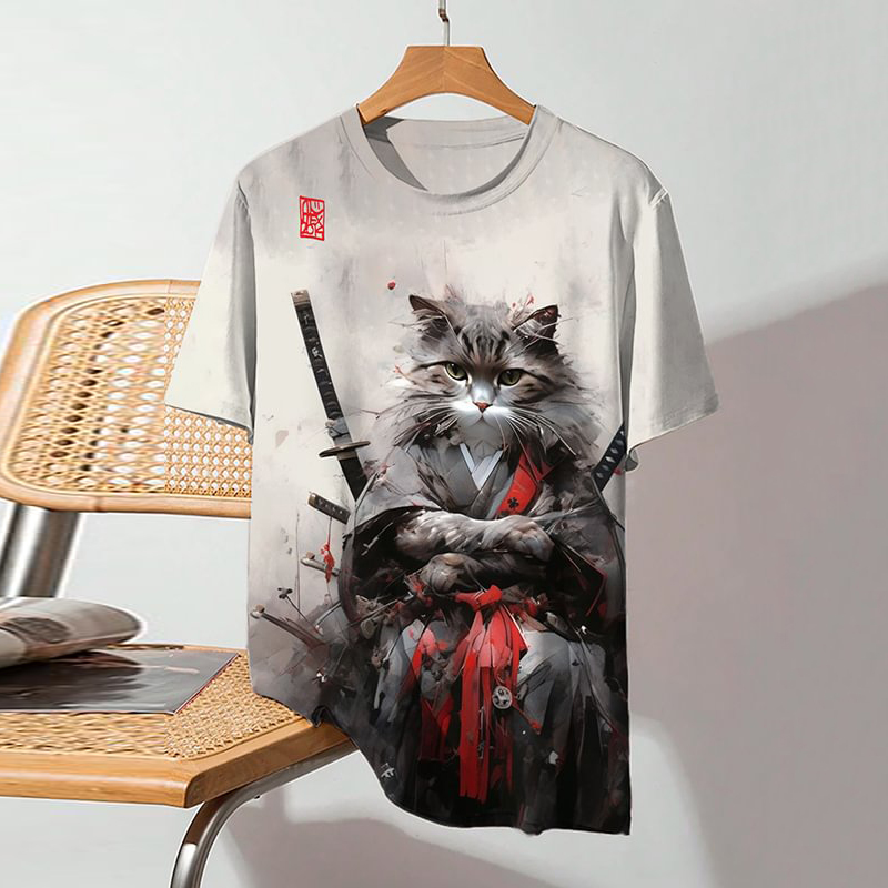 Japanese Samurai Cat Art Print Retro T-Shirt wearshes