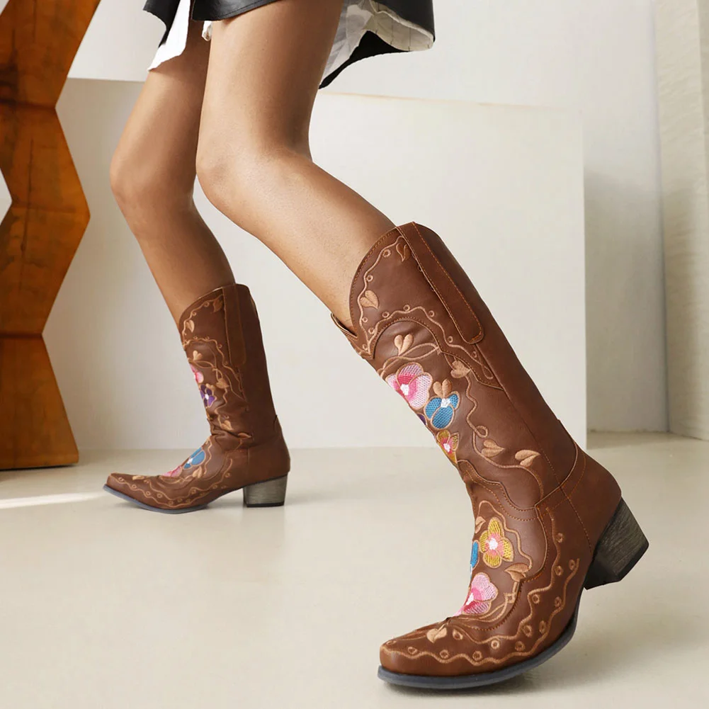 Qengg Female Vintage Cowboy Embroidery Top Quality Chunky High Heels Western Women Boots Fashion Cowgirls Autumn Boots