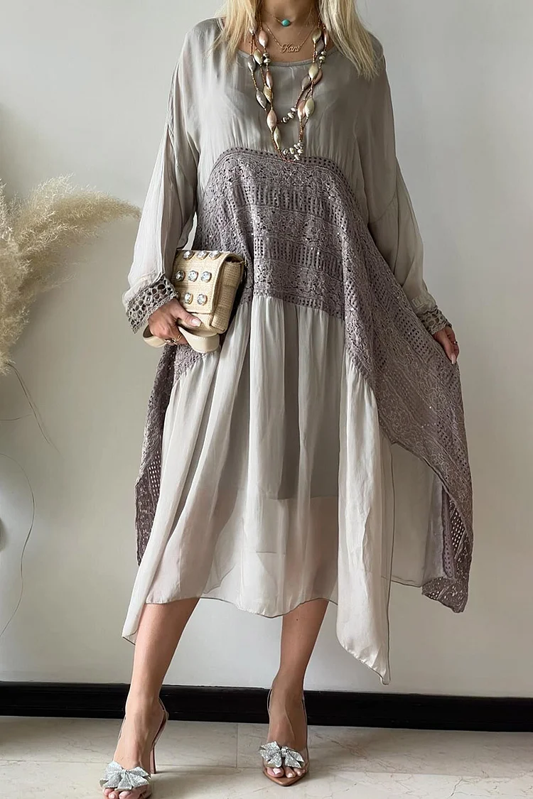 Lace Patchwork Long Sleeve Irregular Hem Slit Linen Midi Dresses [Pre Order]