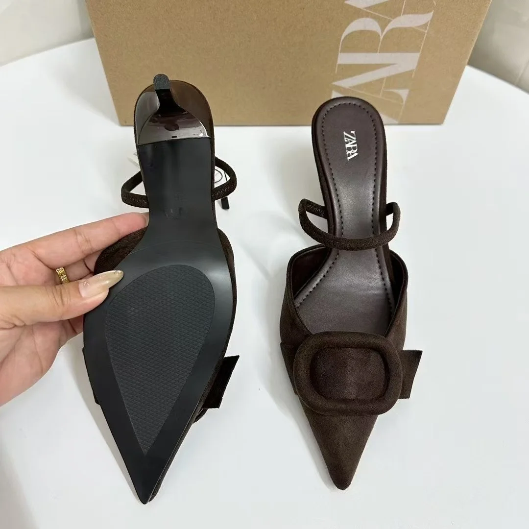 Breakj Breakj Home 2025 Summer New Women's Shoes Exposed Light Sandals Brown Pointed High Heels Muller Shoes