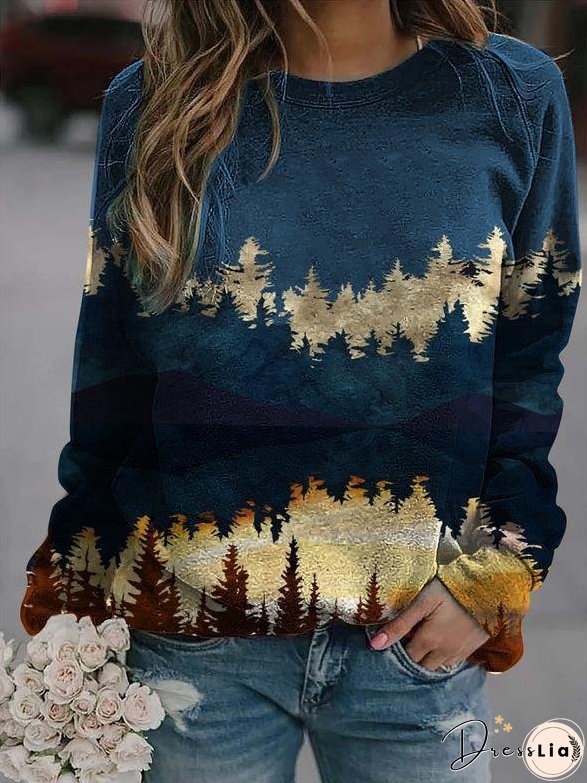 Women's T-Shirts Landscape Print Round Neck Pullover Long Sleeve T-Shirts