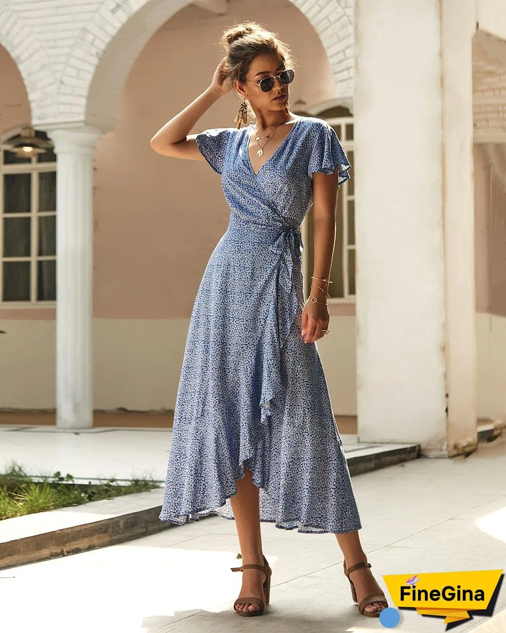 Summer Wrap Dress Beach Floral Print Bohemian Chiffon A Line Vintage Polka Dot Waist Tied Maxi Casual Dress Women0414