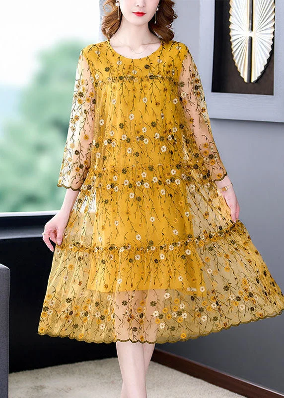 Yellow Tulle Party Dress Embroideried Hollow Out Bracelet Sleeve
