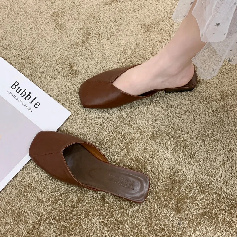 Shoes Loafers Woman's Slippers Luxury Slides Low Square Toe Mules For Women 2020 New Designer Summer Cover Flat Buckle Strap