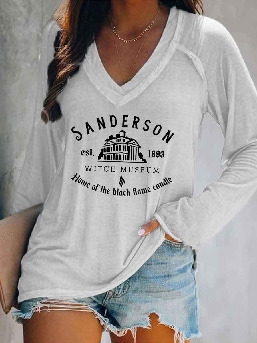 Halloween Witch Museum Print Long Sleeve V-neck T-Shirt