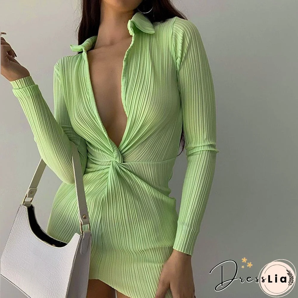 Autumn Fashion Turn-Down Collar Shirt Dress Ruched Sexy V Neck Long Sleeve Button Up Mini Dresses