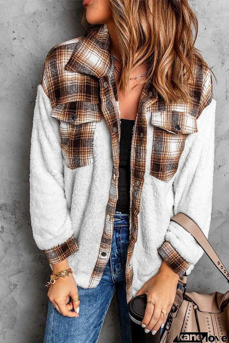 Plaid Patchwork Buttoned Pocket Sherpa Jacket