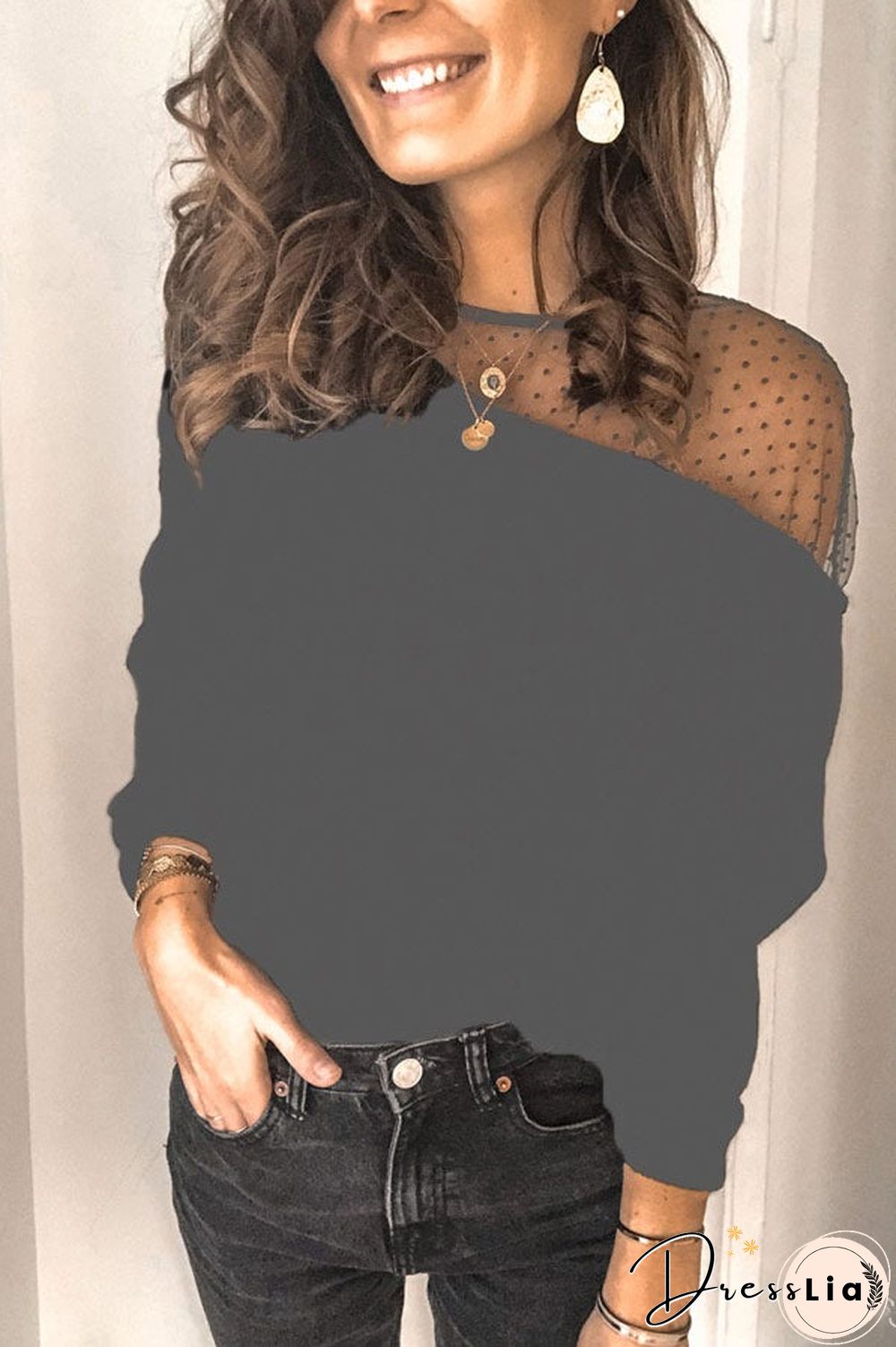 Casual Mesh Stitching Dot Printing Top