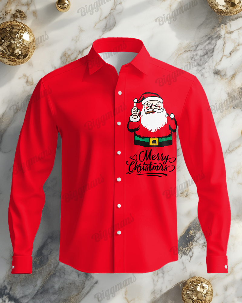 Plus Size Men's Red Merry Christmas Letter Print Lapel Long Sleeve Shirt