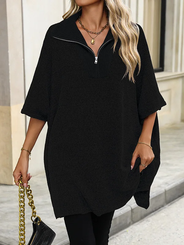 Loose Three-Quarter Sleeves Buttoned Striped Round-Neck Outerwear